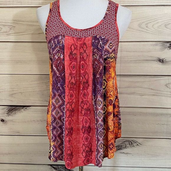 ANTHROPOLOGIE Weston SZ M Tribal Mixed Print Tank Boho Flowy Sleeveless Top - Picture 7 of 7